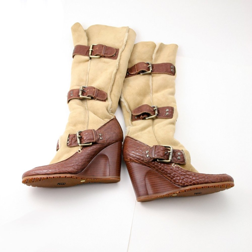 Fendi Camel Wedge Suede Fur Lined Knee High Boots
